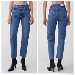 Re/Done High-Rise Straight Leg Blue Jeans Size 31 Raw Hem Cotton Denim Womens